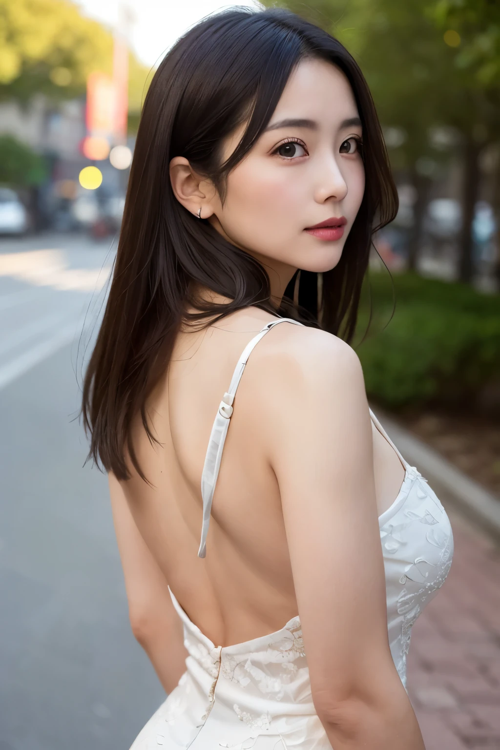 One girl, Mature Woman, photograph, Realistic, Highest quality, Detailed face, Detailed Background, Diffused sunlight, Depth of written boundary, Bokeh, China dress, sexy, Tribal pattern, back