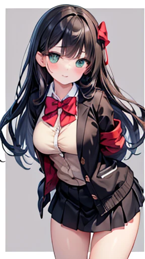 ((Tabletop, Highest quality, High resolution, Hmph, Pixel Perfect, Depth of the written border, 4K, Hmph, Hmph))), 1 girl, single, alone, Beautiful Anime Girls, Beautiful art style, Anime characters, ((Long Hair, bangs, Thick black hair, Curly Hair:0.8)), ((Green Eyes:1.4, Beautiful Eyes, Beautiful Eyes, Perfect Eyes,Curled eyelashes, Realistic eyes)), ((Detailed face, blush:1.2)), ((Smooth texture:0.75, Realistic texture:0.5, Anime CG style)), Large Breasts、 Dynamic Angle, Big Breasts, Perfect body, Dynamic pose, ((Red bow tie, , Black jacket, Open jacket, Brown cardigan, White shirt, Black Skirt, Check skirt)), smile, Open your mouth, Place your arms behind your back, Leaning forward, Amalment Park, ((close, throw, cute, Shoot in the face))
