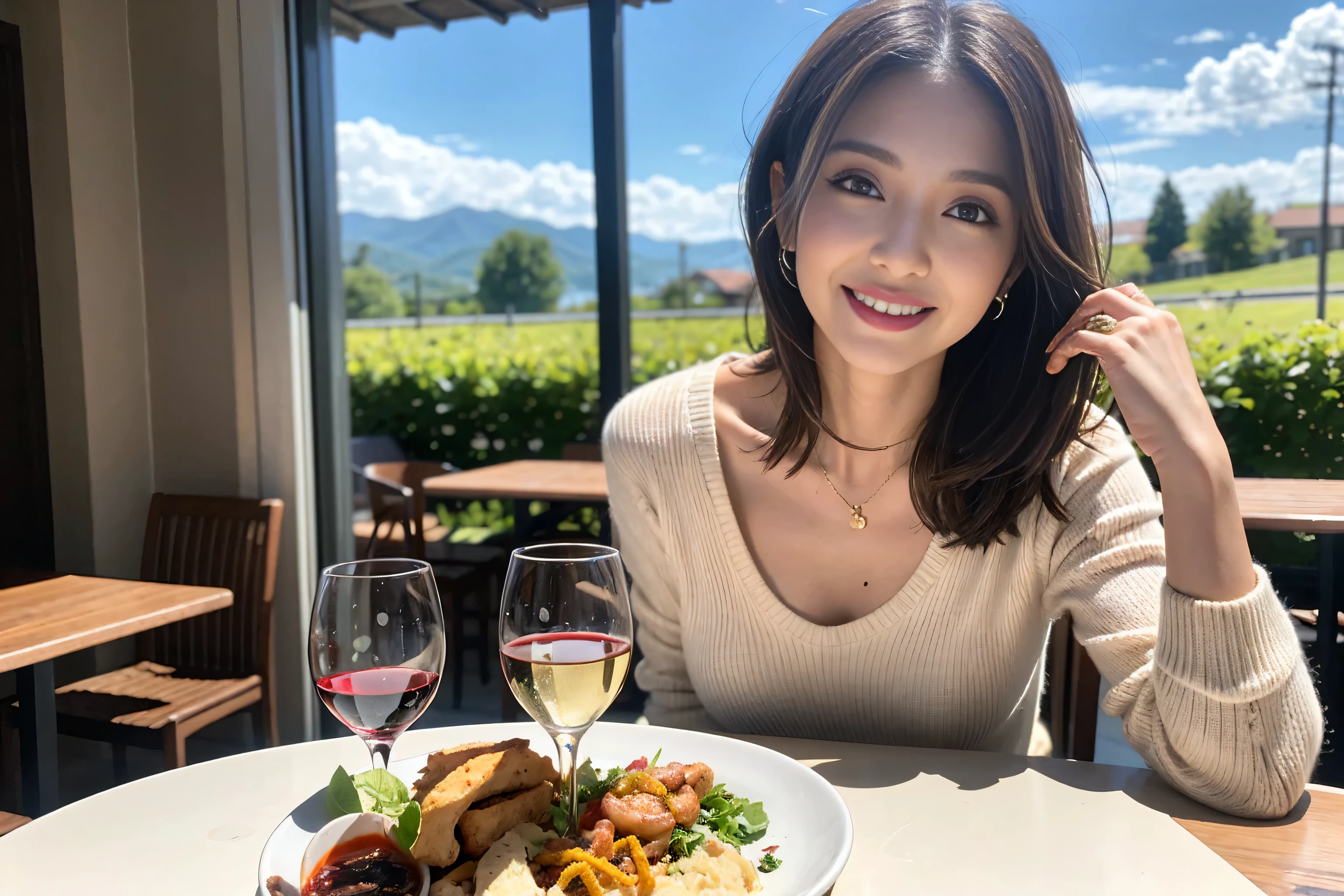 (Realistic:1.1),(masterpiece,Highest quality),8k,(49 years old), 53 years old, ベリーslimボディ、slimカップル、Tight waist,Upper Body,full-course dinner、wine 、Amazing view of the sunset sky and clouds、Perfect Anatomy, Brown Hair, short hair,Random Hairstyles,((Highly detailed face and eyes:1.2)),Perfect golden ratio face,Long sleeve shirt、dress,(smile:1.2)、Shortcuts、cute、(Realistic, Intricate details:1.2), A bright smile、short hair,Bright Face、赤wine 、Appetizers、Italian food、wine bottle、Champagne、スパークリングwine、(slimな顔), (The body is slim), (Brown Hair), (Shortcuts), Upper Body, 白wine, slim, wineグラス,