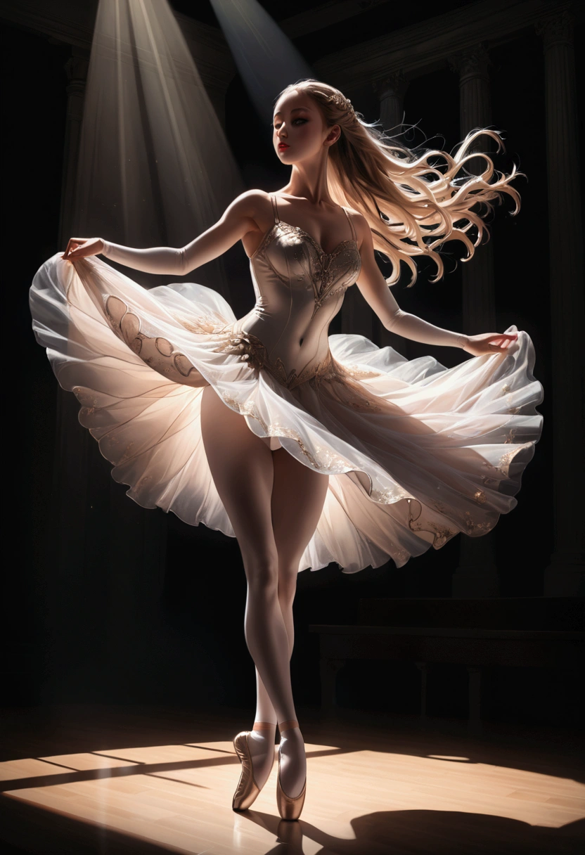 1girl, Dancer, a stunning ballerina dancing gracefully on stage, beautiful detailed eyes, beautiful detailed lips, extremely detailed face and body, long eyelashes, elegant ballet pose, white tutu dress, pointe shoes, flowing hair, dramatic lighting, dramatic cinematic camera angle, cinematic composition, chiaroscuro lighting, dramatic shadows, 8k, masterpiece, best quality, very aesthetic, absurdres