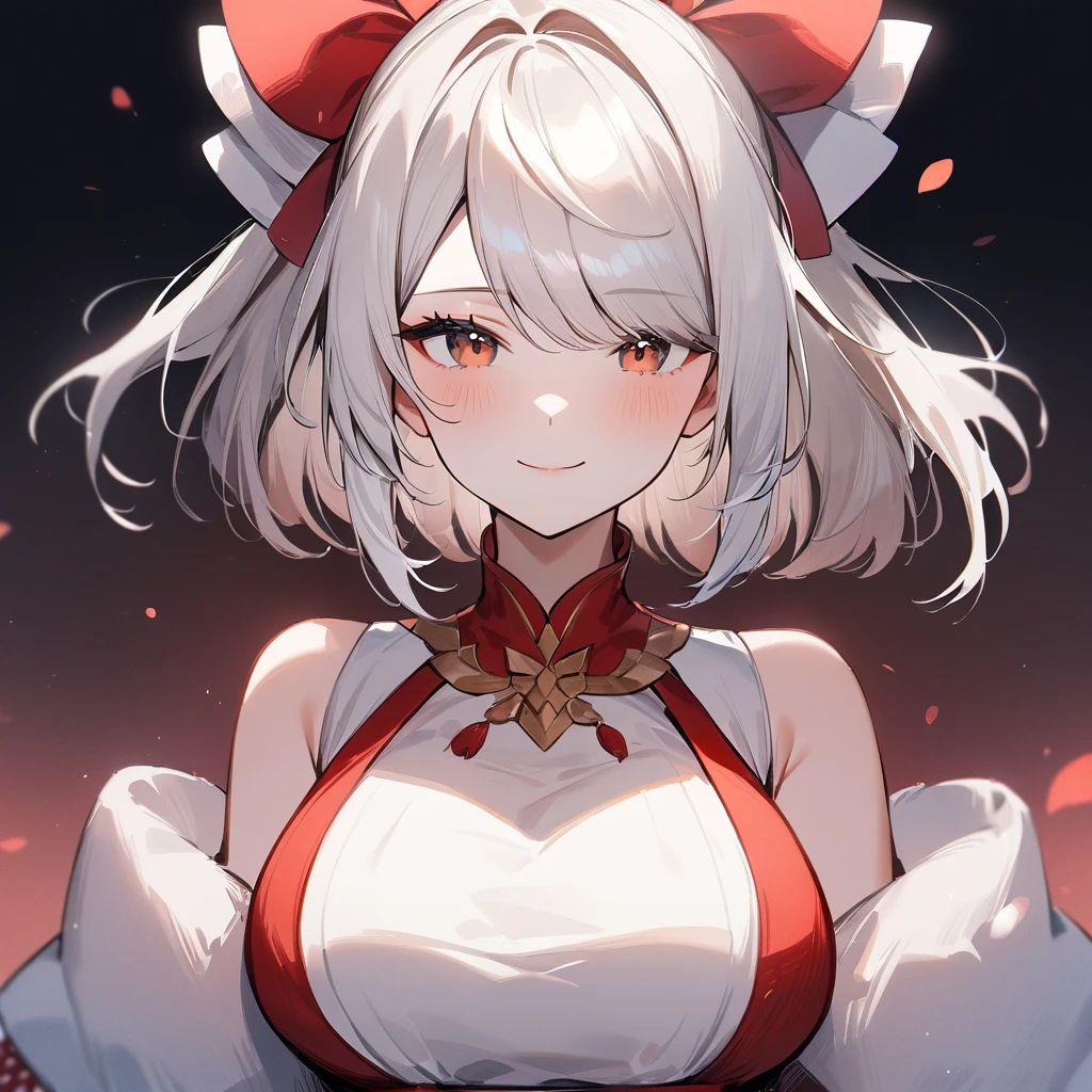 1girl,独奏,White hair,Blue and red, swept bangs,straight-on,medium hair,big breast,masterpiece, best quality,very aesthetic,absurdres,(hair bow),(Low brightness),(frill dress),(red),(light smile),Watercolor