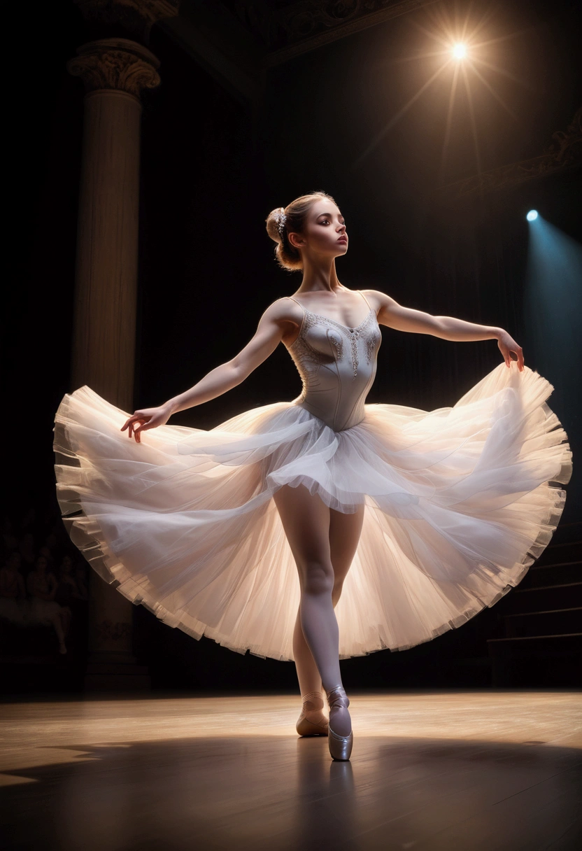 1girl, Dancer, a stunning ballerina dancing gracefully on stage, beautiful detailed eyes, beautiful detailed lips, extremely detailed face and body, long eyelashes, elegant ballet pose, white tutu dress, pointe shoes, flowing hair, dramatic lighting, dramatic cinematic camera angle, cinematic composition, chiaroscuro lighting, dramatic shadows, 8k, masterpiece, best quality, very aesthetic, absurdres