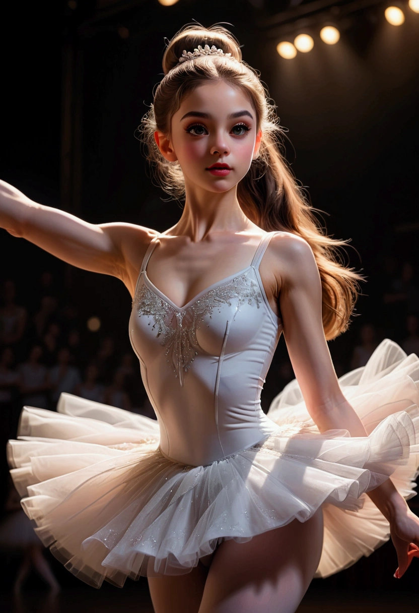 1girl, Dancer, a stunning ballerina dancing gracefully on stage, beautiful detailed eyes, beautiful detailed lips, extremely detailed face and body, long eyelashes, elegant ballet pose, white tutu dress, pointe shoes, flowing hair, dramatic lighting, dramatic cinematic camera angle, cinematic composition, chiaroscuro lighting, dramatic shadows, 8k, masterpiece, best quality, very aesthetic, absurdres