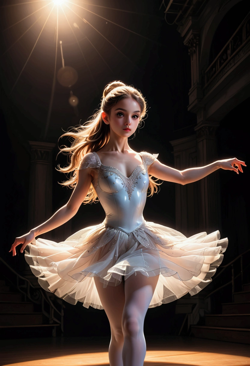 1girl, Dancer, a stunning ballerina dancing gracefully on stage, beautiful detailed eyes, beautiful detailed lips, extremely detailed face and body, long eyelashes, elegant ballet pose, white tutu dress, pointe shoes, flowing hair, dramatic lighting, dramatic cinematic camera angle, cinematic composition, chiaroscuro lighting, dramatic shadows, 8k, masterpiece, best quality, very aesthetic, absurdres