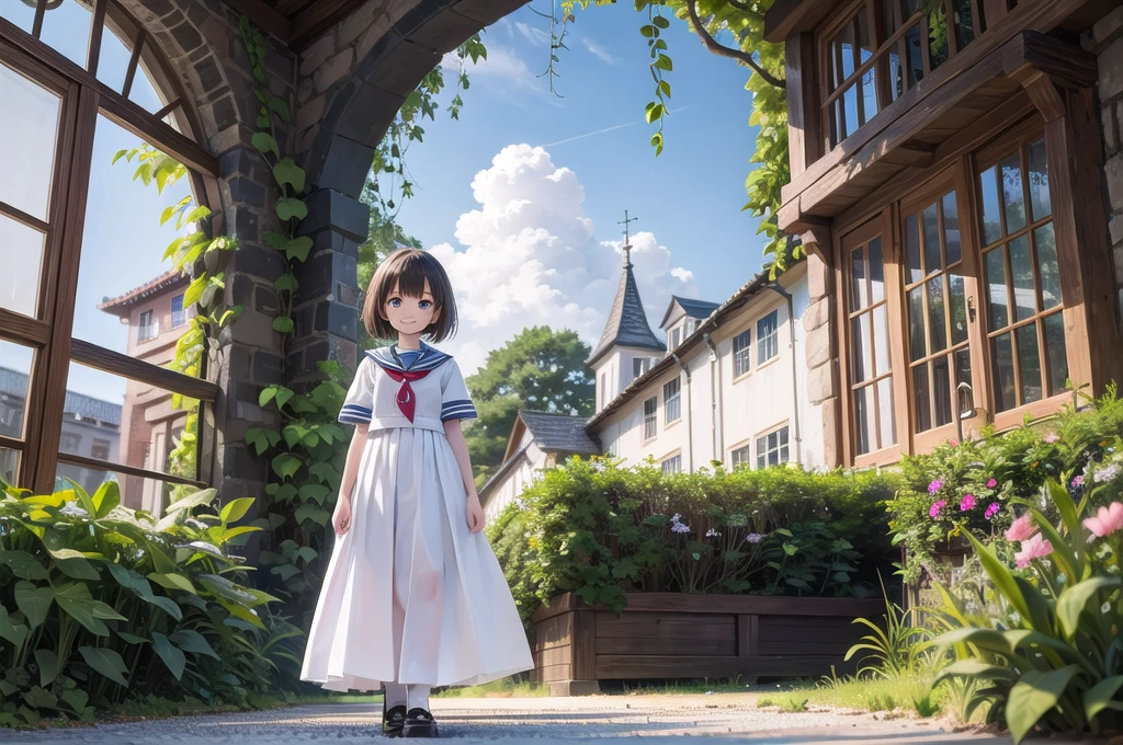 (masterpiece),  town,  blue sky,  One Girl,  smile,  alone,  Sailor suit、Long skirt,  Overgrown,  petal,  plant、Skirt lining、Translucent slip、nostalgic