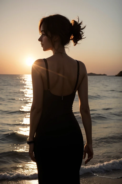 Realistic photograph of woman with her back silhouetted against the sun Almost without showing her face, realistic landscape