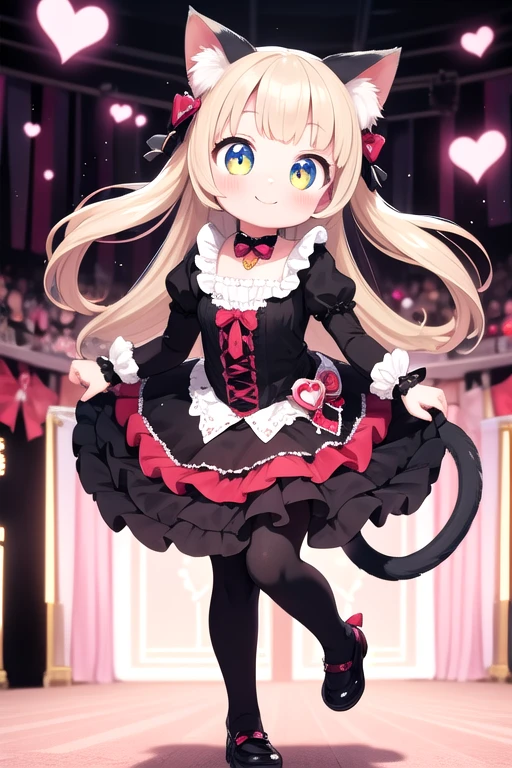 One girl,Cat girl,Animal ears,tail,Looking up at the viewer,Embrace the audience,A big smile,Your eyes are sparkling,Gothic Lolita,Lots of frills,Colorful cute room,Heart Items,Lots of ribbons,Are standing,whole body,Hearts are flying everywhere