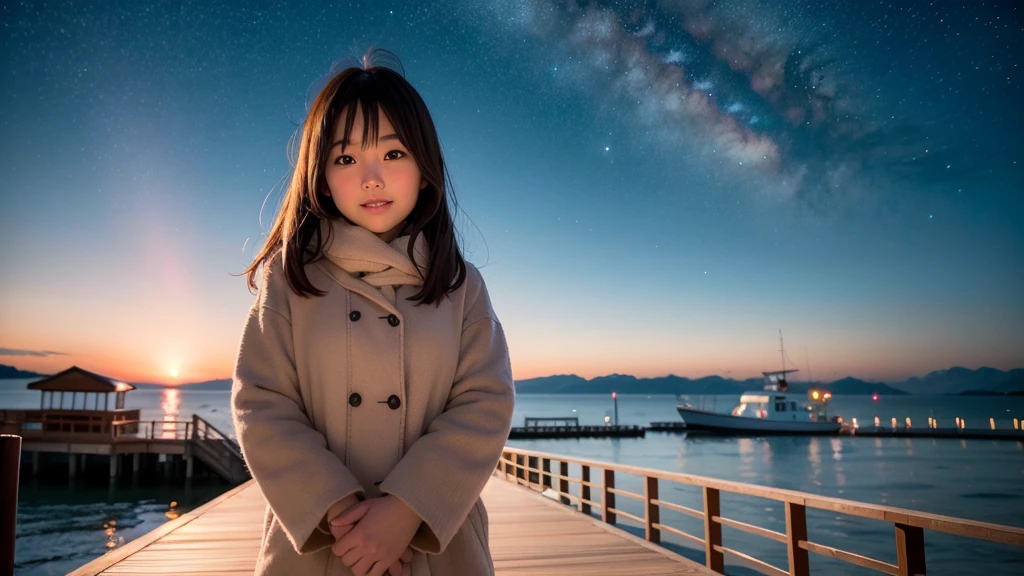 dreamy girl: A little girl looking at the starry sky by the window。her expression is dreamy、her eyes are shining。The night sky and stars are drawn in the background.。