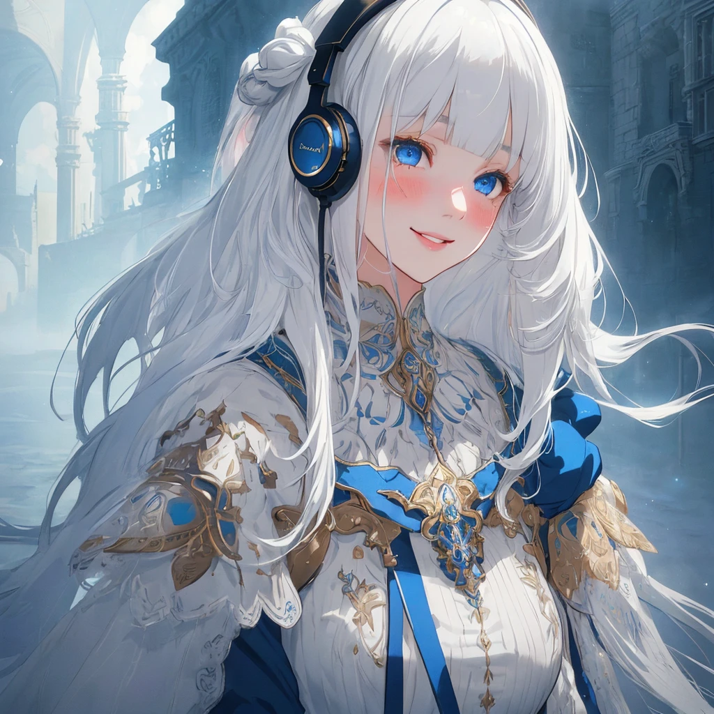 1girl, beautiful detailed eyes, beautiful detailed lips, extremely detailed face and skin, long hair, straight hair,white hair, blunt bangs, large breasts, blushing, smiling, blue eyes, overhead view, intricate details, high quality, masterpiece, photorealistic, cinematic lighting, vibrant colors, atmospheric, delicate, graceful, headphones, cap