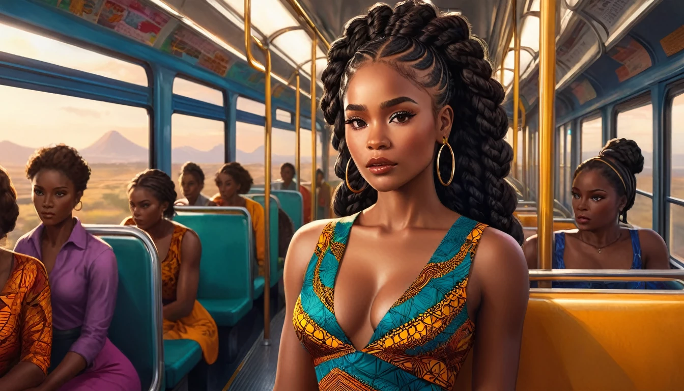 a breathtaking illustration of Zola, a 25-year-old woman with rich, dark skin featuring warm undertones, accentuated by high cheekbones, full lips, and almond-shaped brown eyes that seem to hold a deep intensity. Her long, curly black hair is styled in intricate braids that cascade down her back, framing her determined yet anxious expression as she prepares to confront her past. She wears a vibrant, form-fitting Ankara outfit consisting of a sleeveless top with a deep, plunging neckline and a matching skirt that showcases her athletic physique. The setting is the serene interior of a bus or train, where soft, warm lighting highlights Zola's thoughtful and resolute features, amidst a calm atmosphere filled with subtle hints of reflected thoughts and emotions. The surrounding passengers are blurred, fading into the background, as the focus remains on Zola's journey. The illustration is rendered in exquisite, high-quality detail, with ultra-high resolution and rich textures that invite the viewer to step into Zola's world.
