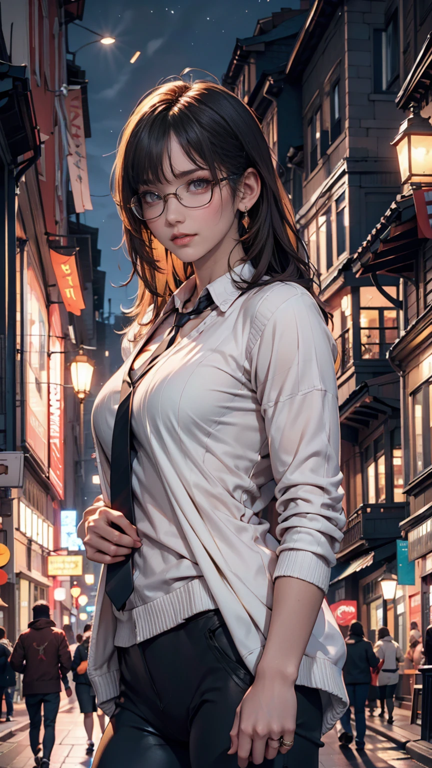 Highest quality, masterpiece, Cinema Lighting, Complex, cinematic detailed Realistic background, Detailed face, whole body, Small breasts, Realistic, Clear lines, , , A girl jogging, Cityscape, night, tie shirt, View your viewers, tattoo, Model pose, Open cardigan, Ring-shaped yellow eyes, Street lights, lamp post, Yoga pants, Split Color Hair, Glasses,, ,