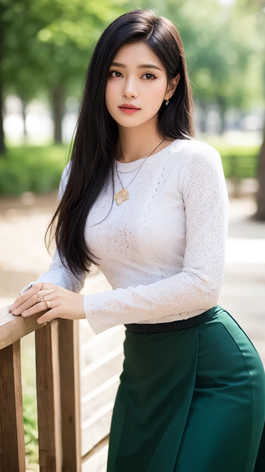 (RAW photo, Photoreal:1.4), 8K, highest quality, masterpiece, ultra high resolution), (perfect dynamic composition:1.2), (Highly detailed skin and facial textures:1.2), (Slim lady:1.3), (Fair skin:1.2), (beautiful and aesthetic:1.1) , (extremely detailed, realistic, perfect lighting, vibrant colors, intricate details, absurdres), (masterpiece, high detailed skin:1.3), 1girl, slim body, light blonde hair, layered hair, {slender legs, soft curves, beautiful face, perfect body, wearing acmmsayarma outfit, acmmsayarma white top, lace long sleeves, ((acmmsayarma dark green long skirt)) , straight hair, Layered necklaces, anklets, a cozy outdoor background , perfect fingers and hands, standing and looking at the viewer.