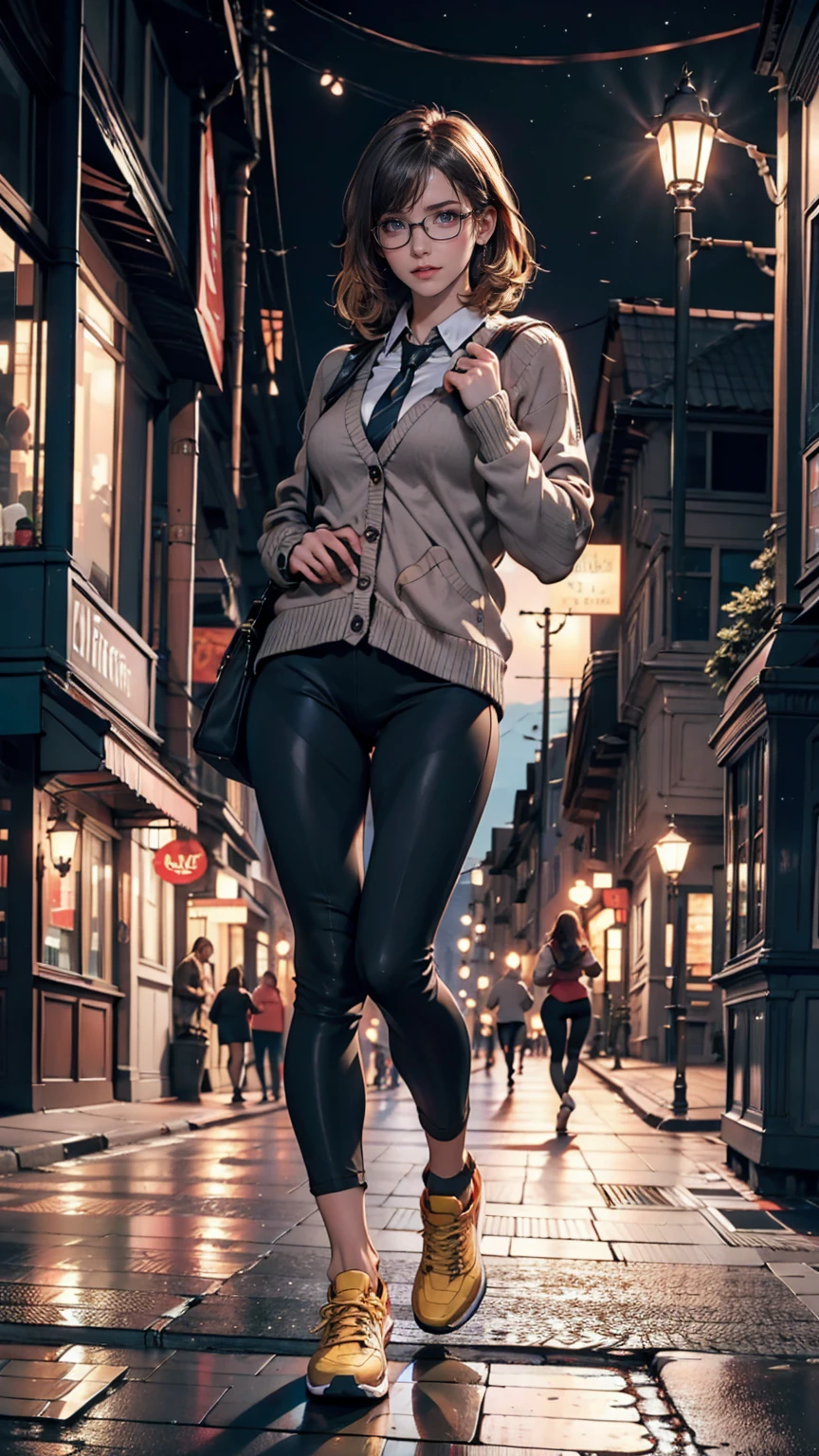 Highest quality, masterpiece, Cinema Lighting, Complex, cinematic detailed Realistic background, Detailed face, whole body, Small breasts, Realistic, Clear lines, , , A girl jogging, Cityscape, night, tie shirt, View your viewers, tattoo, Model pose, Open cardigan, Ring-shaped yellow eyes, Street lights, lamp post, Yoga pants, Split Color Hair, Glasses,, ,  