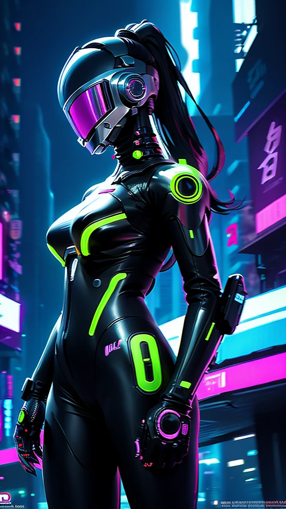 a cyberpunk styled universe, 1girl, futuristic robot, daft punk style helmet, neon cityscape, glowing neon lights, dramatic lighting, cinematic composition, vibrant colors, dynamic pose, photorealistic, 8k, (best quality, 4k, 8k, highres, masterpiece:1.2), ultra-detailed, (realistic, photorealistic, photo-realistic:1.37), concept art, digital painting
