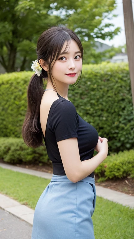 Highest quality, Very detailed, finely, High resolution, 8k wallpaper, Jet Black Hair、Perfect dynamic composition, finelyて美しい目, Side pony hairstyle、Natural Lip, (Big Breasts:1.2), Cleavage, smile、Straight long hairstyle、((Front angle of view))、(((Lean your body diagonally and bend your waist to peer at us from the side.)))、((Close your mouth))、Light blue tank top、Small flared mini skirt、Flower Garden、((Are standing))、sunny、