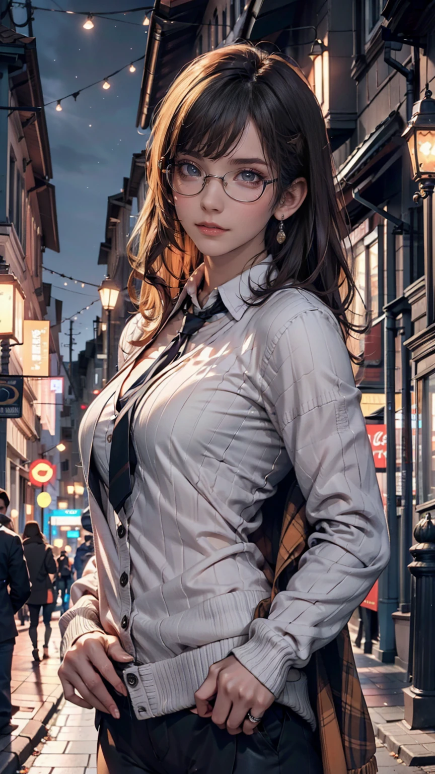 Highest quality, masterpiece, Cinema Lighting, Complex, cinematic detailed Realistic background, Detailed face, whole body, Small breasts, Realistic, Clear lines, , , A girl jogging, Cityscape, night, tie shirt, View your viewers, tattoo, Model pose, Open cardigan, Ring-shaped yellow eyes, Street lights, lamp post, Yoga pants, Split Color Hair, Glasses,, ,  