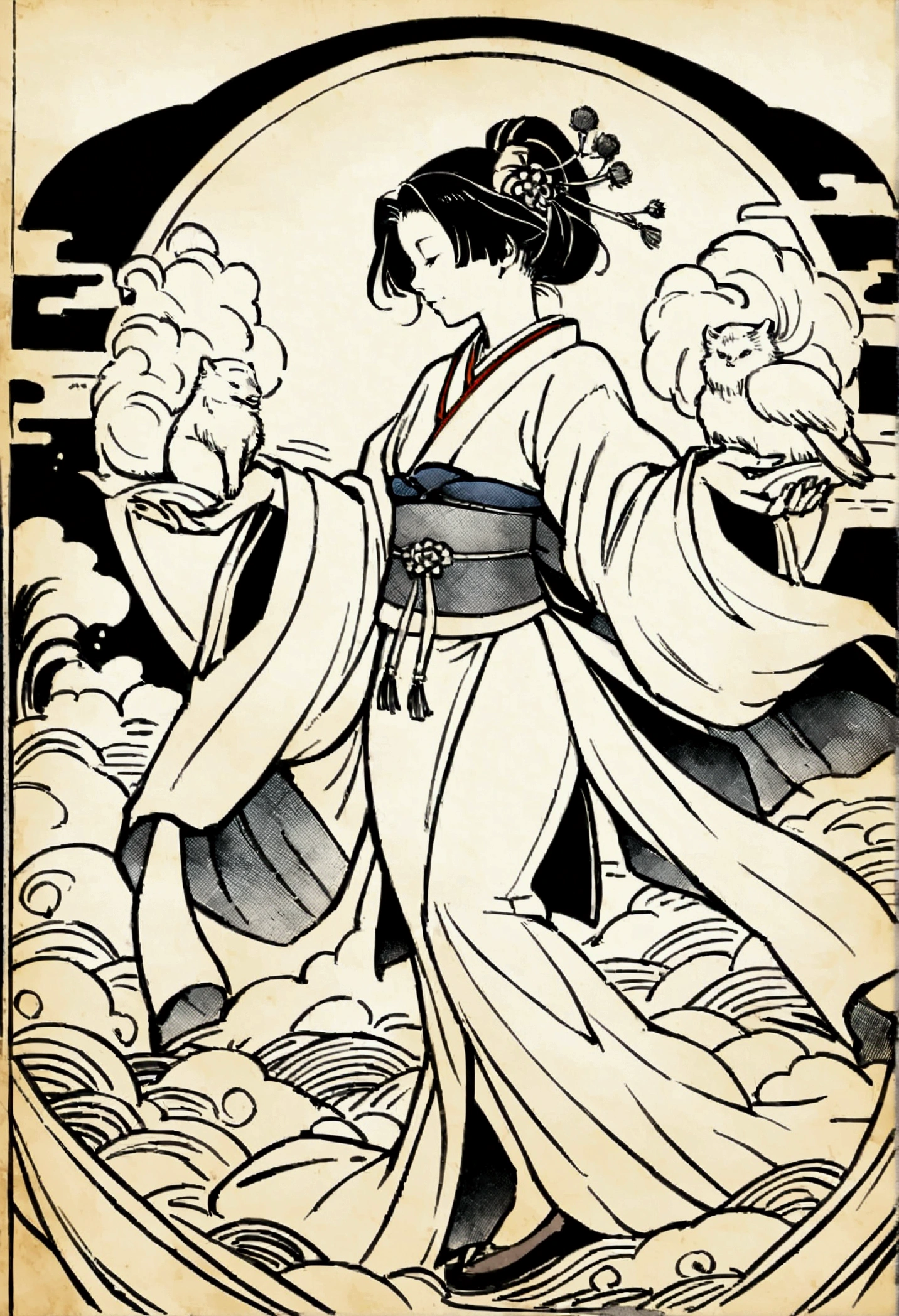 Edo period Ukiyo-e style,Line art,animal,woman