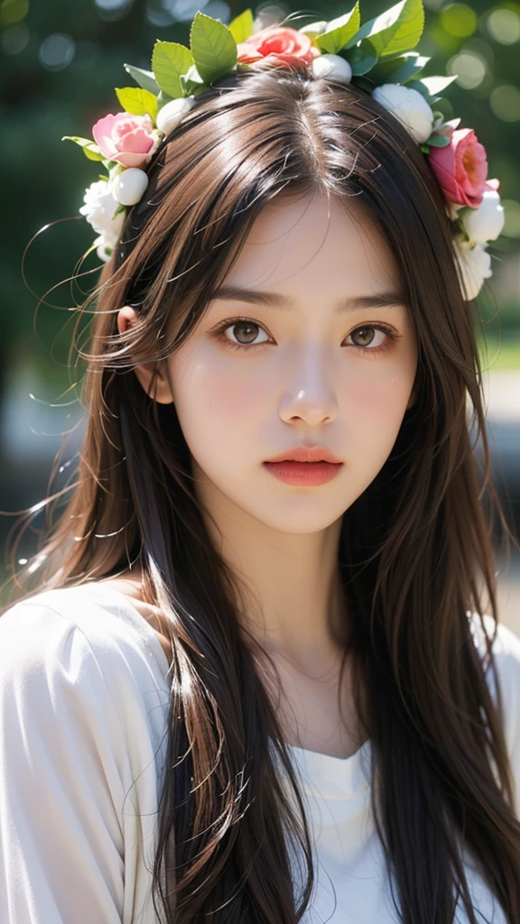 Ultra-high resolution, Highest quality, photograph, 4K, (Realistic:1.4), Girl with a wreath on her head, Long brown hair