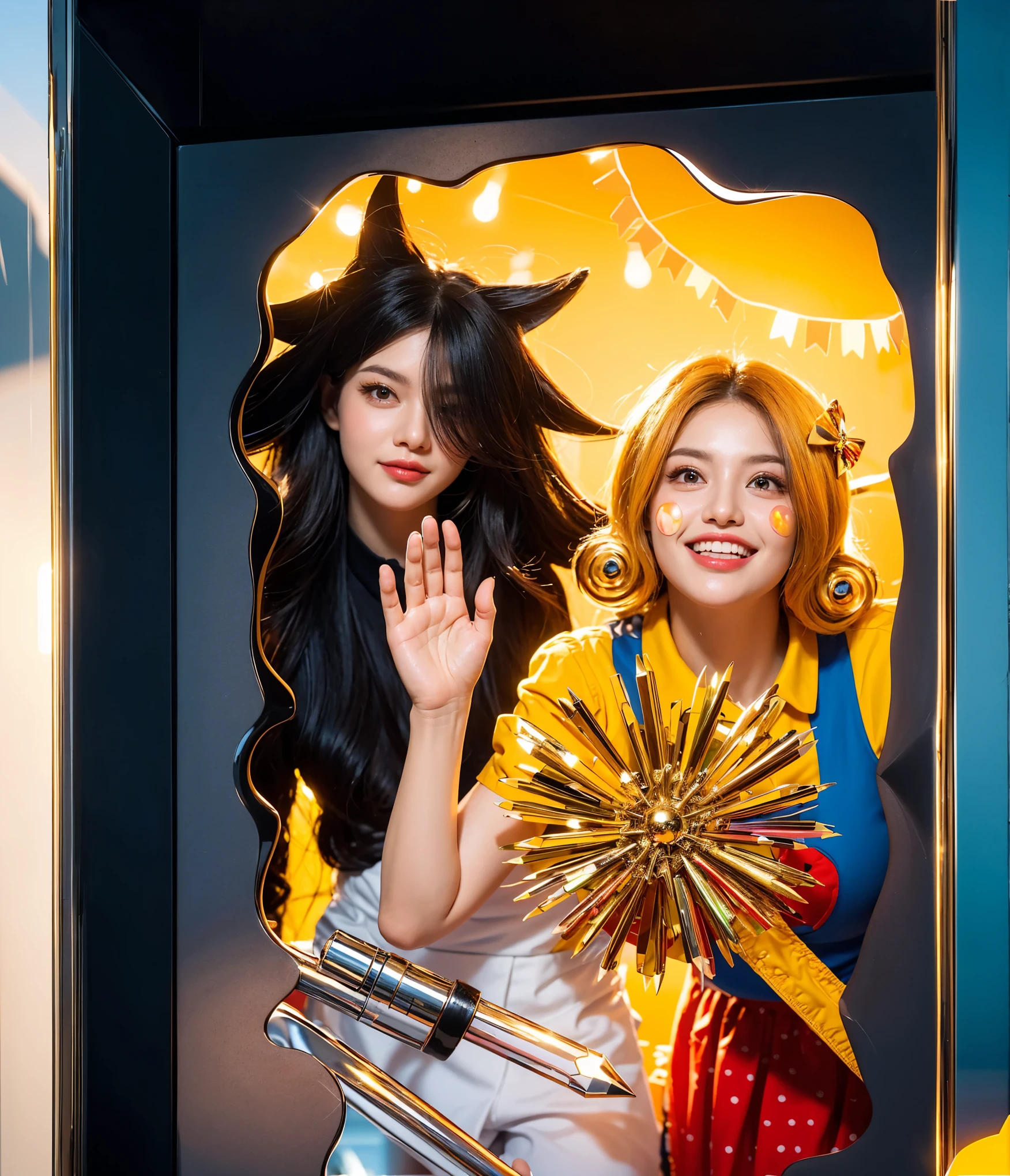 In this vivid portrayal, two contrasting characters emerge from a magical realm. On the left, a figure with dark, striking hair that defies gravity, exudes a mystique and power, her intense gaze captivating. To her right, bursts a figure of sunshine and cheerfulness, adorned in a bright yellow top and a polka-dotted red skirt, her smile wide and welcoming. The background of twinkling lights adds a festive and enchanting touch to the scene, enhancing the stark contrast between the dark, enigmatic character and her radiant, joyful companion. strong emotional display, set against the contrast of her vibrant attire and the plain background, creates a compelling visual narrative. vibrant contrast to his attire and accessories.аffects render, (glossy plastic texture with multiple big light probe refractions), perfect cgi, smooth silhouette, high intensity refraction, (super glossy plastic material), most beautiful vfx, , realistic, 4k, high resolution, rim light, smooth 3d model, multiple light sources, rim light, sharp post effects render,, realistic, 4k, high resolution, rim light detailed digital art, reflective, best quality, 4k, masterpiece:1.2, ultra-detailed, realistic, vivid colors, The image of the highest quality, ensuring every detail showcased perfectly. It in 4k resolution, allowing viewers to immerse themselves in the richness of the colors and intricate details. The realistic rendering. under the spotlight, reflecting, high-resolution image, realistic rendering