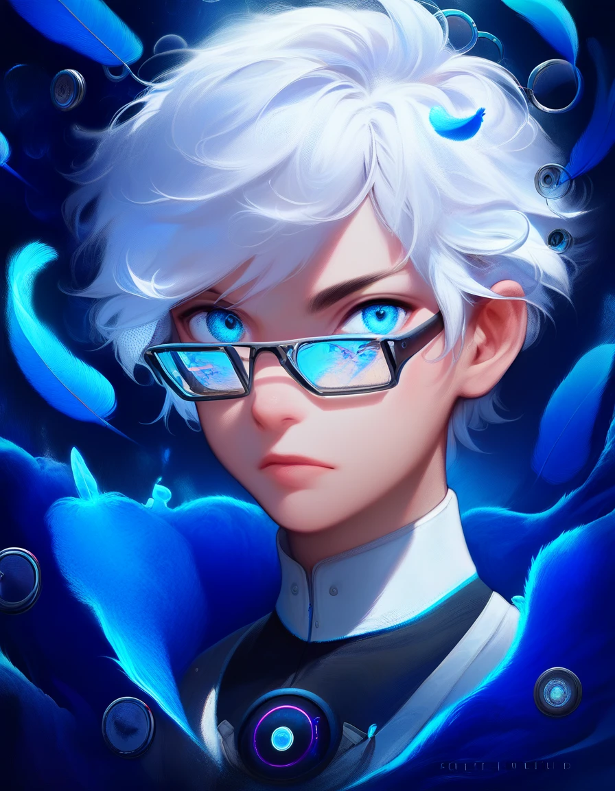 (score_9, score_8_up, score_7_up), zPDXL, 1 boy, alone, looking at viewer, simple warm colored background, neon blue eyes, close-up, short hair, white hair, broken glasses, lenses, neon blue feathers falling, serious look, determination, dark aura, front view, masterpiece, best quality, hyper detailed, cinematic light, intricate detail, high resolution, official art, detailed glow, blue light feathers, portrait, the pupil of the eyes with detailed structures, miracle, dark atmosphere, neon blue feathers, mole, jewelry accessories, diffraction peak, vibrant colors, concept artist, electronic links, falling feather