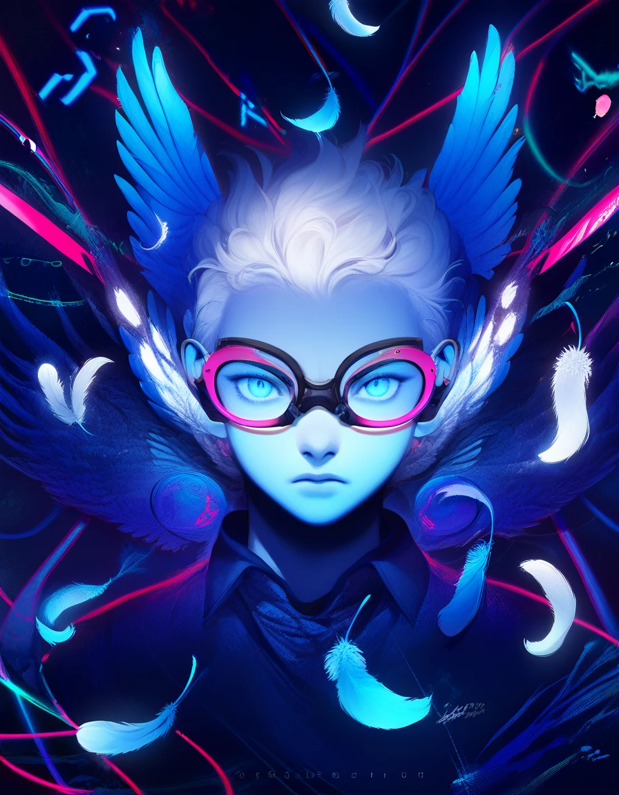 (score_9, score_8_up, score_7_up), zPDXL, 1 boy, alone, looking at viewer, simple warm colored background, neon blue eyes, close-up, short hair, white hair, broken glasses, lenses, neon blue feathers falling, serious look, determination, dark aura, front view, masterpiece, best quality, hyper detailed, cinematic light, intricate detail, high resolution, official art, detailed glow, blue light feathers, portrait, the pupil of the eyes with detailed structures, miracle, dark atmosphere, neon blue feathers, mole, jewelry accessories, diffraction peak, vibrant colors, concept artist, electronic links, falling feather