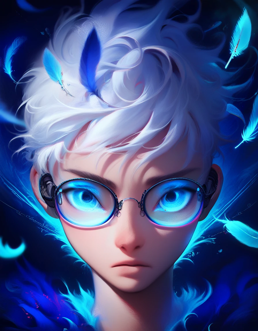 (score_9, score_8_up, score_7_up), zPDXL, 1 boy, alone, looking at viewer, simple warm colored background, neon blue eyes, close-up, short hair, white hair, broken glasses, lenses, neon blue feathers falling, serious look, determination, dark aura, front view, masterpiece, best quality, hyper detailed, cinematic light, intricate detail, high resolution, official art, detailed glow, blue light feathers, portrait, the pupil of the eyes with detailed structures, miracle, dark atmosphere, neon blue feathers, mole, jewelry accessories, diffraction peak, vibrant colors, concept artist, electronic links, falling feather