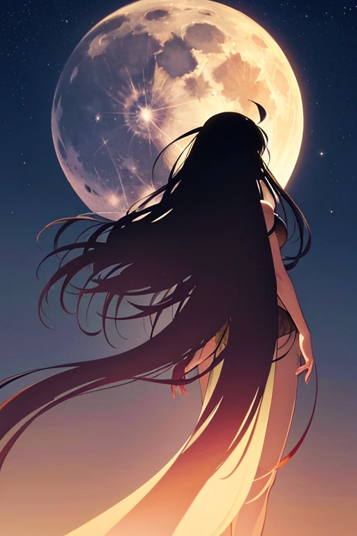 Highest quality,Big moon and shadow,A silhouette of a person can be seen against the backdrop of a large moon.,There is one full moon,There is a mood,Beautiful scenery,Starry Sky