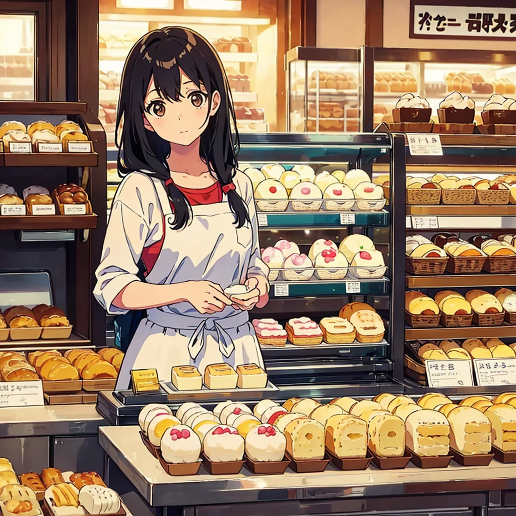 A close-up of a shopping counter, a girl stands behind the counter, holding a mochi cake in her hand. The background behind the girl is blurred. On the background of a bakery store