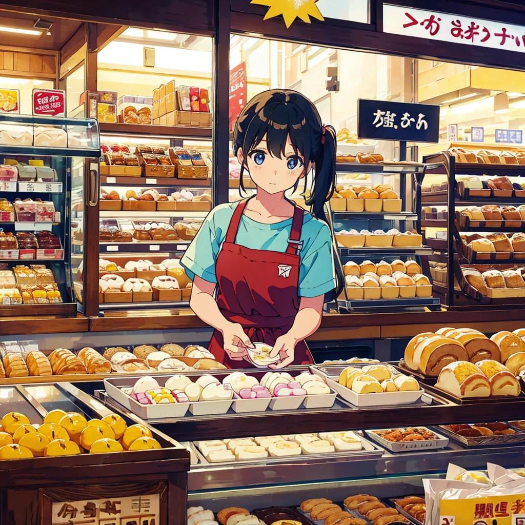 A close-up of a shopping counter, a girl stands behind the counter, holding a mochi cake in her hand. The background behind the girl is blurred. On the background of a bakery store