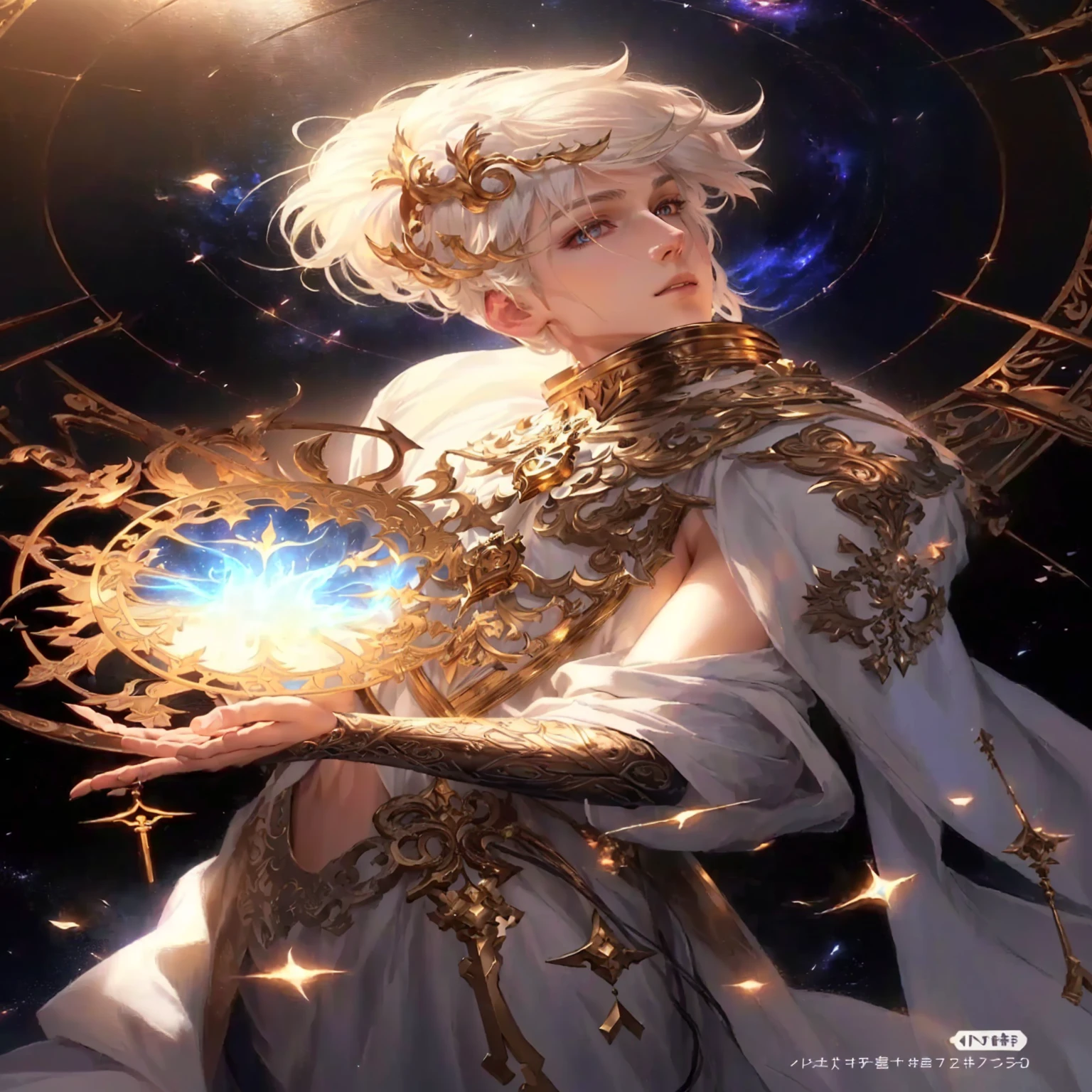 masterpiece, best quality, (extremely detailed CG unity 8k wallpaper), (best quality), (best illustration), (best shadow), absurdres, realistic lighting, (Abyss), beautiful detailed glow, a man in a white robe holding a golden orb, portrait of magical blond prince, beautiful celestial mage, shadowverse style, key anime art, beautiful androgynous prince, detailed, delicate androgynous prince, white haired deity, holy flame crown spell, key realistic visuals