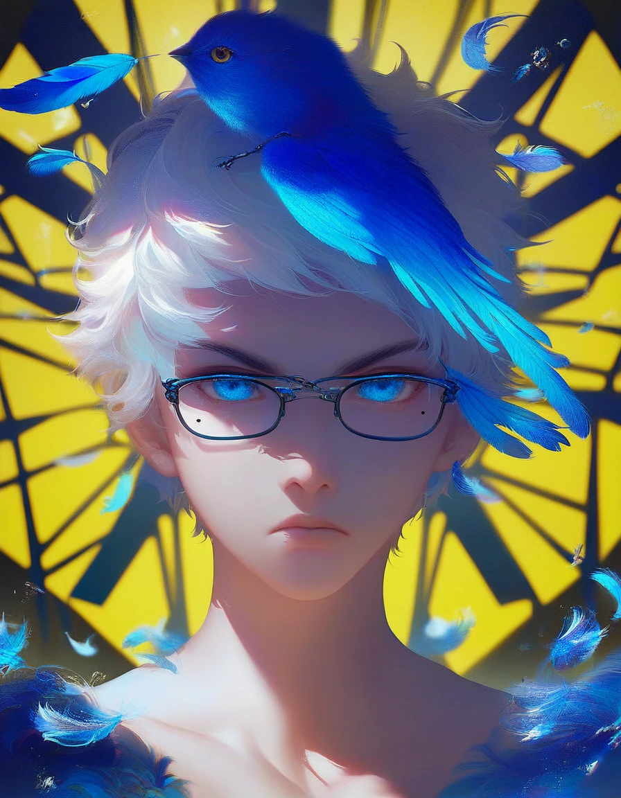 (score_9, score_8_up, score_7_up), zPDXL, 1 boy, alone, looking at viewer, simple warm colored background, neon blue eyes, close-up, short hair, white hair, broken glasses, lenses, neon blue feathers falling, serious look, determination, dark aura, front view, masterpiece, best quality, hyper detailed, cinematic light, intricate detail, high resolution, official art, detailed glow, blue light feathers, portrait, the pupil of the eyes with detailed structures, miracle, dark atmosphere, neon blue feathers, mole, jewelry accessories, diffraction peak, vibrant colors, concept artist, electronic links, falling feather