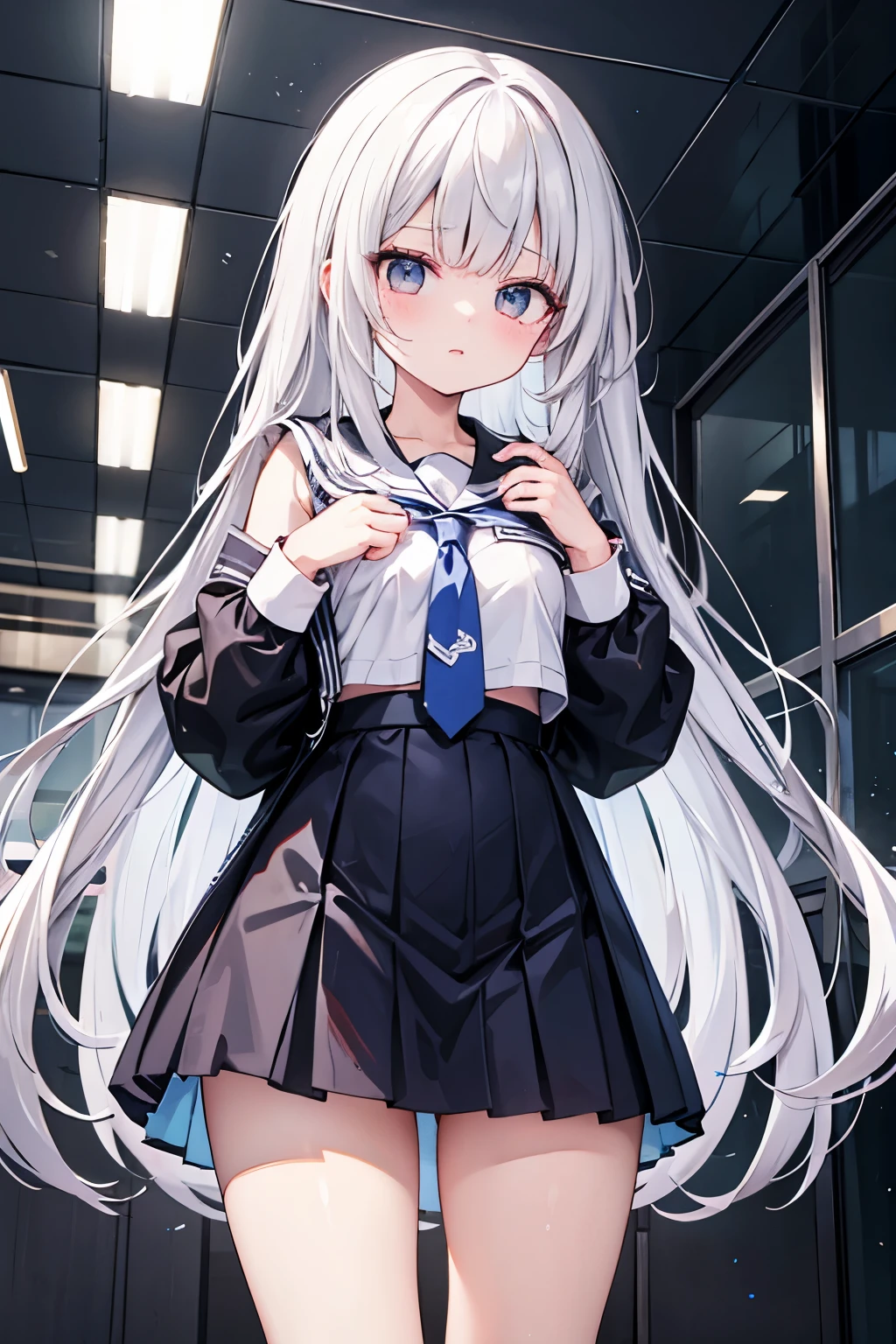 blue gray long hair，diagonal hair curtains，Hair is scattered around the waist，Black short sleeve sailor uniform school uniform plus skirt，White skin of the，pale vermilion eyes，Innocent eyes，Yandere style expression，The hand is playing with the hair.，girl，Colossal tits,(((tucking up the skirt、White panties are visible,)))、Knee socks that dig into the thighs