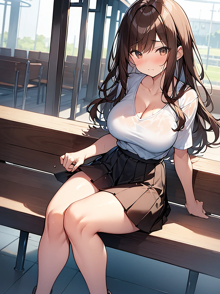 (Masterpiece, Top quality: 1.5) ,(1 girl, solo :1.2),  (large breasts:1.3), (cleavage:1.1), (short-sleeved t-shirt, Pleated skirt :1.4), standard weight, (brown hair:1.4), (airy hair, wavy hair:1.3), long hair ,asymmetry bangs, swept bangs, 12 year old, angry:1.2, (flustered:1.4), beautiful scene of station platform, dynamic pose, magnificent panorama view, sitting on the chair, wet:1.1