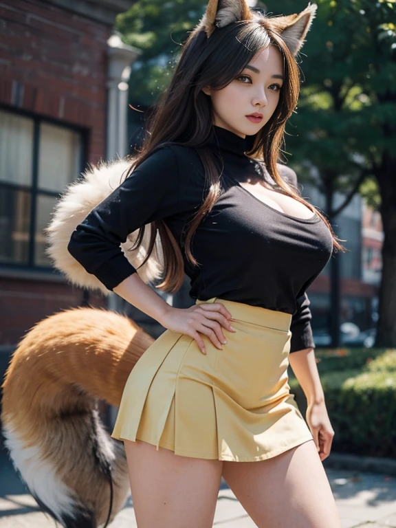 ((Highest quality, 8k)), ((masterpiece)), (Highest Resolution), Perfect Face, Squirrel eared woman, Female college student, Beautiful woman, public, One tail, she has thick thighs, Big squirrel tail, She has a brown squirrel tail., She wags her tail, Troubled face, Fur collar, she is wearing a short skirt, Beautiful Hips , Big Breasts, The skirt is rolled up with a big tail