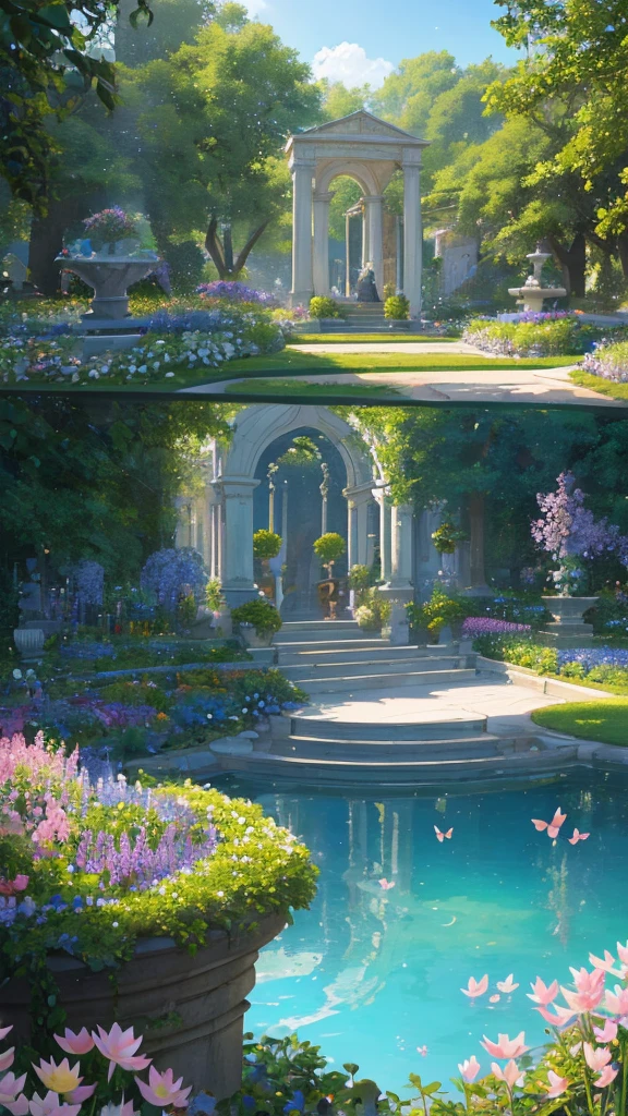 masterpiece,best quality,ultra detailed,"Create a realistic depiction of a beautiful sky garden, reminiscent of a cinematic masterpiece. The garden is spread across a vast platform floating above the clouds. It is lush with various types of plants and flowers, featuring colorful flower beds and verdant lawns. The garden includes small streams, fountains, and ponds with blooming lotus flowers, while butterflies flutter around.

Elegant stone pathways and staircases wind through the garden, adorned with classical statues and fountains. Transparent glass observation decks offer panoramic views of the landscapes below. The sky surrounding the sky garden is clear, with soft sunlight illuminating the flora and a gentle breeze rustling the leaves. In the distance, other sky gardens and floating islands can be seen, adding a sense of vastness and depth to the scene. The depiction should emphasize the harmony between natural beauty and human-made structures, evoking awe and wonder in viewers with its grand yet delicate portrayal."
