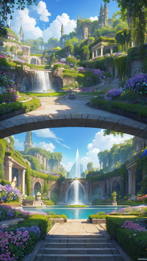 masterpiece,best quality,ultra detailed,"Create a realistic depiction of a beautiful sky garden, reminiscent of a cinematic masterpiece. The garden is spread across a vast platform floating above the clouds. It is lush with various types of plants and flowers, featuring colorful flower beds and verdant lawns. The garden includes small streams, fountains, and ponds with blooming lotus flowers, while butterflies flutter around.
Elegant stone pathways and staircases wind through the garden, adorned with classical statues and fountains. Transparent glass observation decks offer panoramic views of the landscapes below. The sky surrounding the sky garden is clear, with soft sunlight illuminating the flora and a gentle breeze rustling the leaves. In the distance, other sky gardens and floating islands can be seen, adding a sense of vastness and depth to the scene. The depiction should emphasize the harmony between natural beauty and human-made structures, evoking awe and wonder in viewers with its grand yet delicate portrayal."