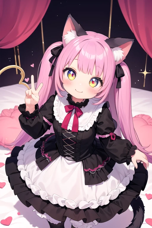 One girl,Cat girl,Animal ears,tail,Looking up at the viewer,Very close,A big smile,Your eyes are sparkling,Gothic Lolita,Lots of frills,Colorful cute room,Heart Items,Lots of ribbons,Are standing,whole body,Hearts are flying everywhere