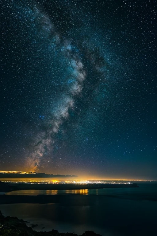 Highest quality、Ultra high definition、Beautiful starry sky、In the foreground you can see the calm sea and beyond it the neon lights of the city.