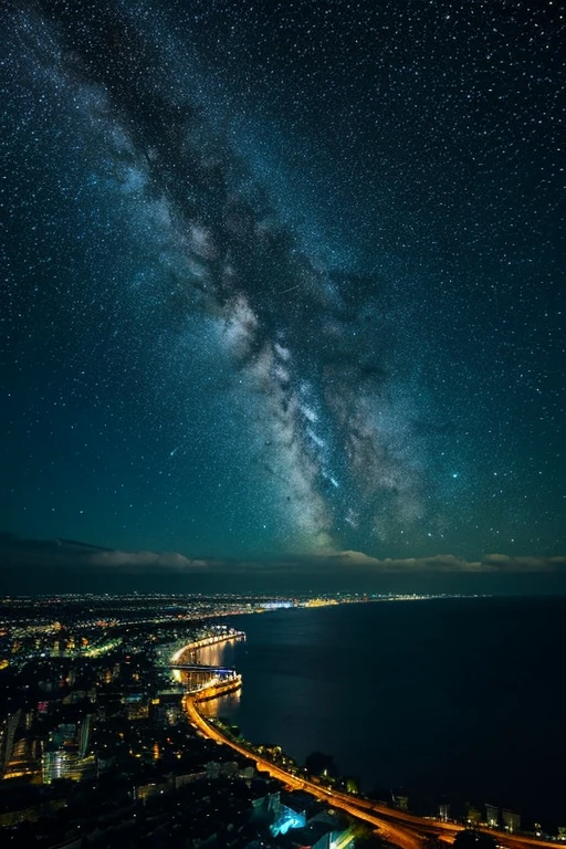 Highest quality、Ultra high definition、Beautiful starry sky、In the foreground you can see the calm sea and beyond it the neon lights of the city.