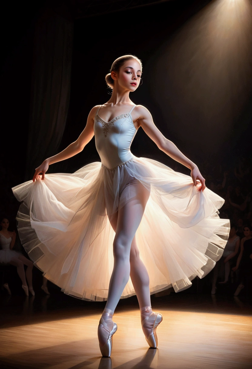 1girl, Dancer, a stunning ballerina dancing gracefully on stage, beautiful detailed eyes, beautiful detailed lips, extremely detailed face and body, long eyelashes, elegant ballet pose, white tutu dress, pointe shoes, flowing hair, dramatic lighting, dramatic cinematic camera angle, cinematic composition, chiaroscuro lighting, dramatic shadows, 8k, masterpiece, best quality, very aesthetic, absurdres