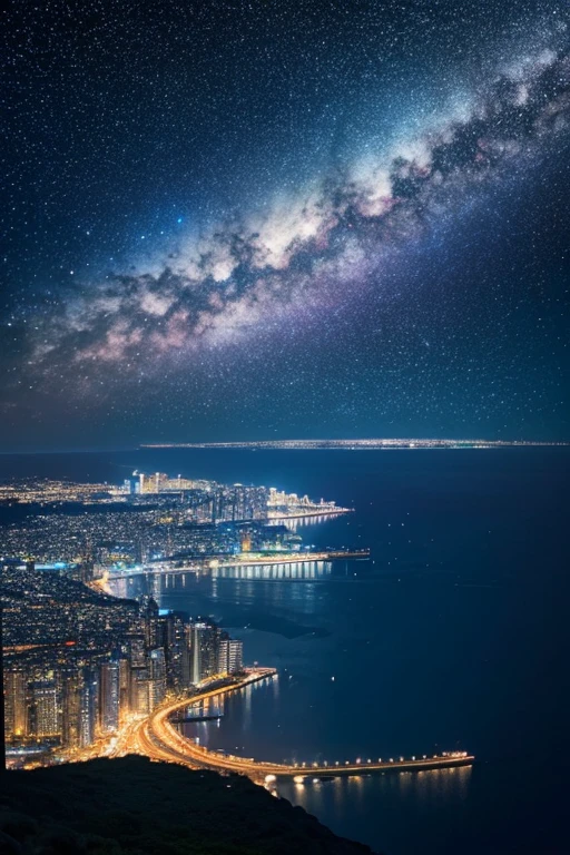 Highest quality、Ultra high definition、Beautiful starry sky、In the foreground you can see the calm sea and beyond it the neon lights of the city.