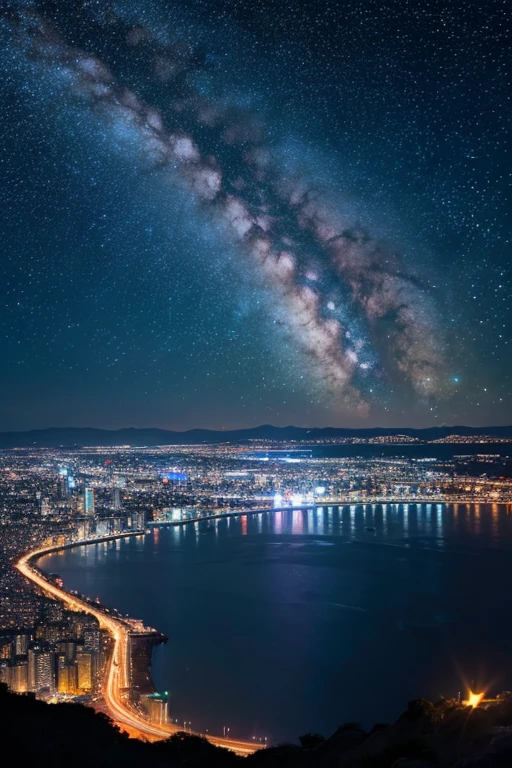 Highest quality、Ultra high definition、Beautiful starry sky、In the foreground you can see the calm sea and beyond it the neon lights of the city.