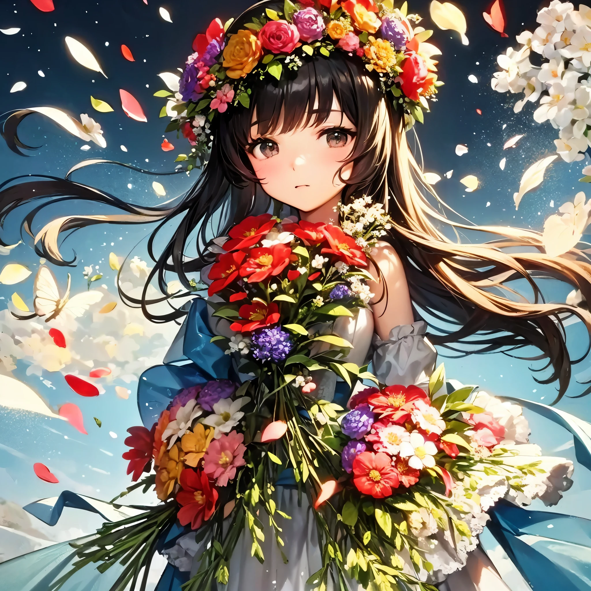 Close-up of holding a bouquet, Made of flowers少女, Girl in Flowers, Made of flowers, covered With flowers, With flowers, Carrying flowers, Full of flowers, Covered with flowers, Holding flowers, Li Song, By Chiho Aoshima, By Niduan, Cute artwork, Jan Born, Put a flower on the heir's cheek
