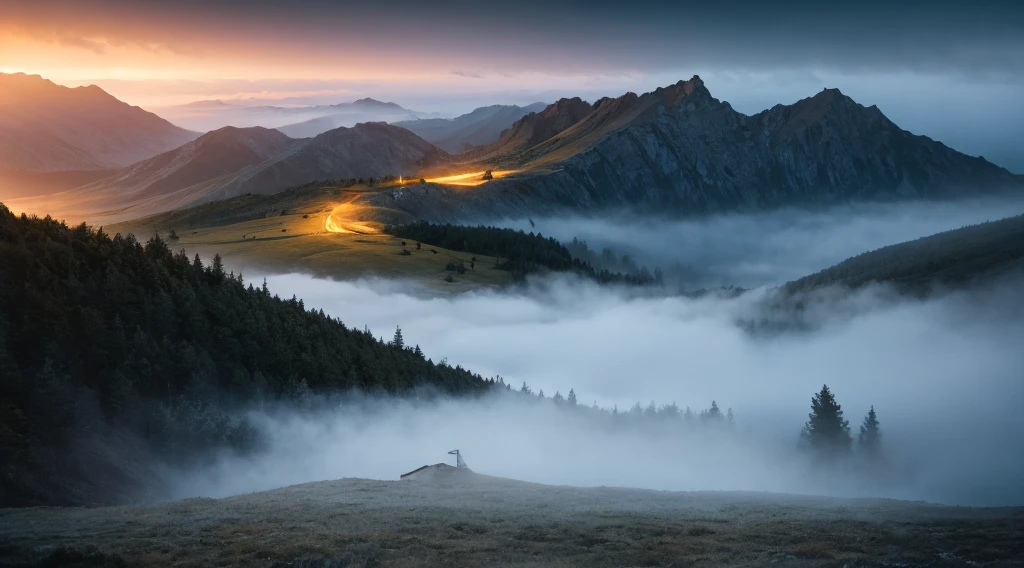 The foggy scenery in the middle of the night,A very dark landscape image with a very impressive atmosphere,I don't mean pitch black, but rather the darkness of the landscape.,A world like an urban legend,Close to the night scenery,But it's also beautiful