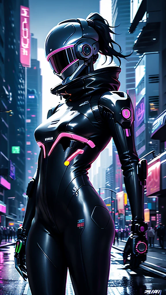 a cyberpunk styled universe, 1girl, futuristic robot, daft punk style helmet, neon cityscape, glowing neon lights, dramatic lighting, cinematic composition, vibrant colors, dynamic pose, photorealistic, 8k, (best quality, 4k, 8k, highres, masterpiece:1.2), ultra-detailed, (realistic, photorealistic, photo-realistic:1.37), concept art, digital painting