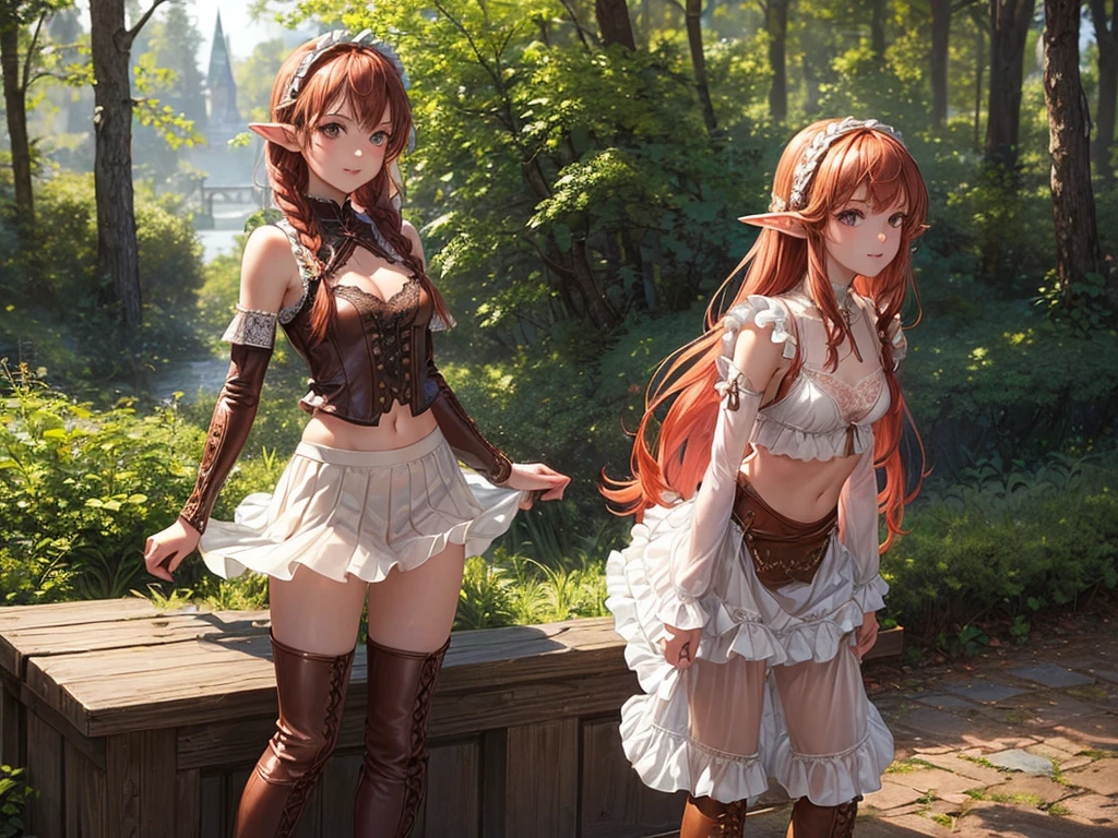 (((top-quality, masterpiece))), (best quality), (detailed), (((one young girl))), (solo girl), (wooden elfe girl), happy, charming, smiling, ((highly detailed beautiful face)), delicate girl, delicate face, ((red hair)), long hair, braids,  bleu eyes, dark look, focused, ((small breasts)), nice hips, flat belly, slim waist, define collarbone, (((sofisticated and detailed brown leather clothes))), (((transparent white skirt with frills))), (((lace underwear))), sexy laces top, (deep cleavage), (((long brown leather boots))), (chocker), warrior, adventurer, standing, protecting, bow, sword, guardian, sexy pose, cinematic shadow, sweet forest atmoshpere,