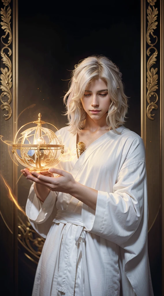 a handsome man in a white robe holding a golden orb, portrait of magical blond prince, beautiful celestial mage, shadowverse style, key realistic art, beautiful androgynous prince, detailed, delicate androgynous prince, white haired deity, holy flame crown spell,