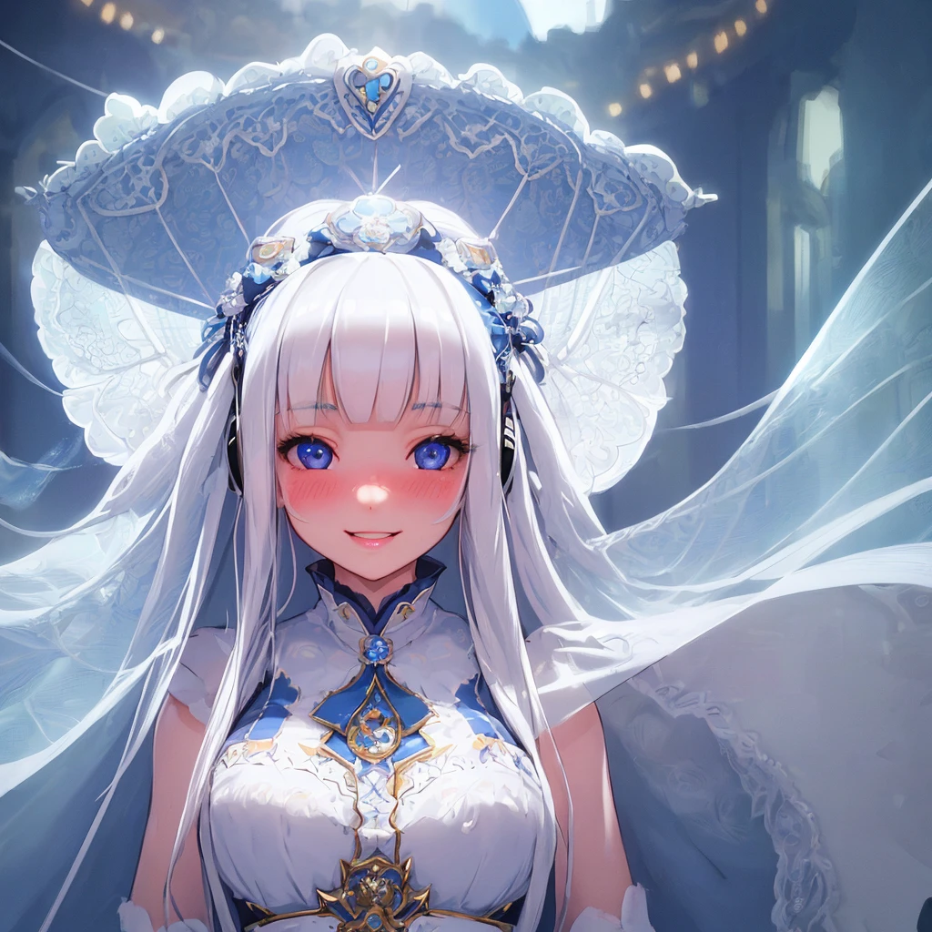 cute petit 1girl, beautiful detailed eyes, beautiful detailed lips, extremely detailed face and skin, long hair, straight hair,white hair, blunt bangs, large breasts, blushing, smiling, blue eyes, overhead view, intricate details, high quality, masterpiece, photorealistic, cinematic lighting, vibrant colors, atmospheric, delicate, graceful, headphones, cap