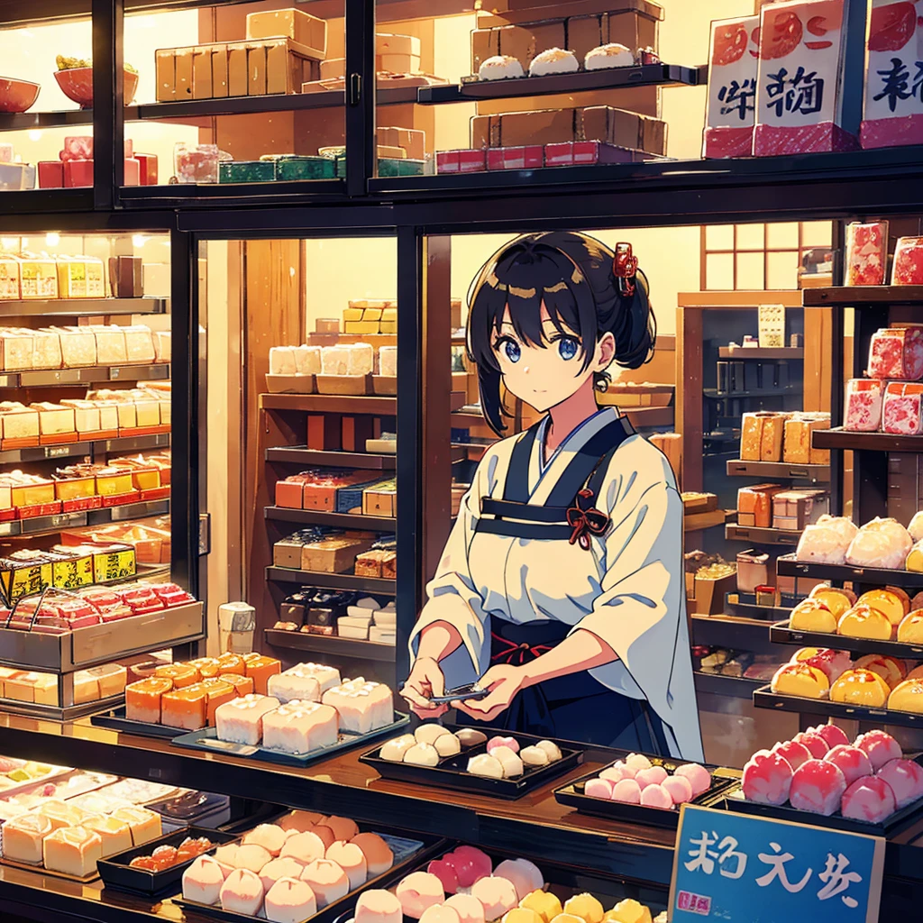 The trading counter is a close-up, Japanese mochi cakes are on the counter.