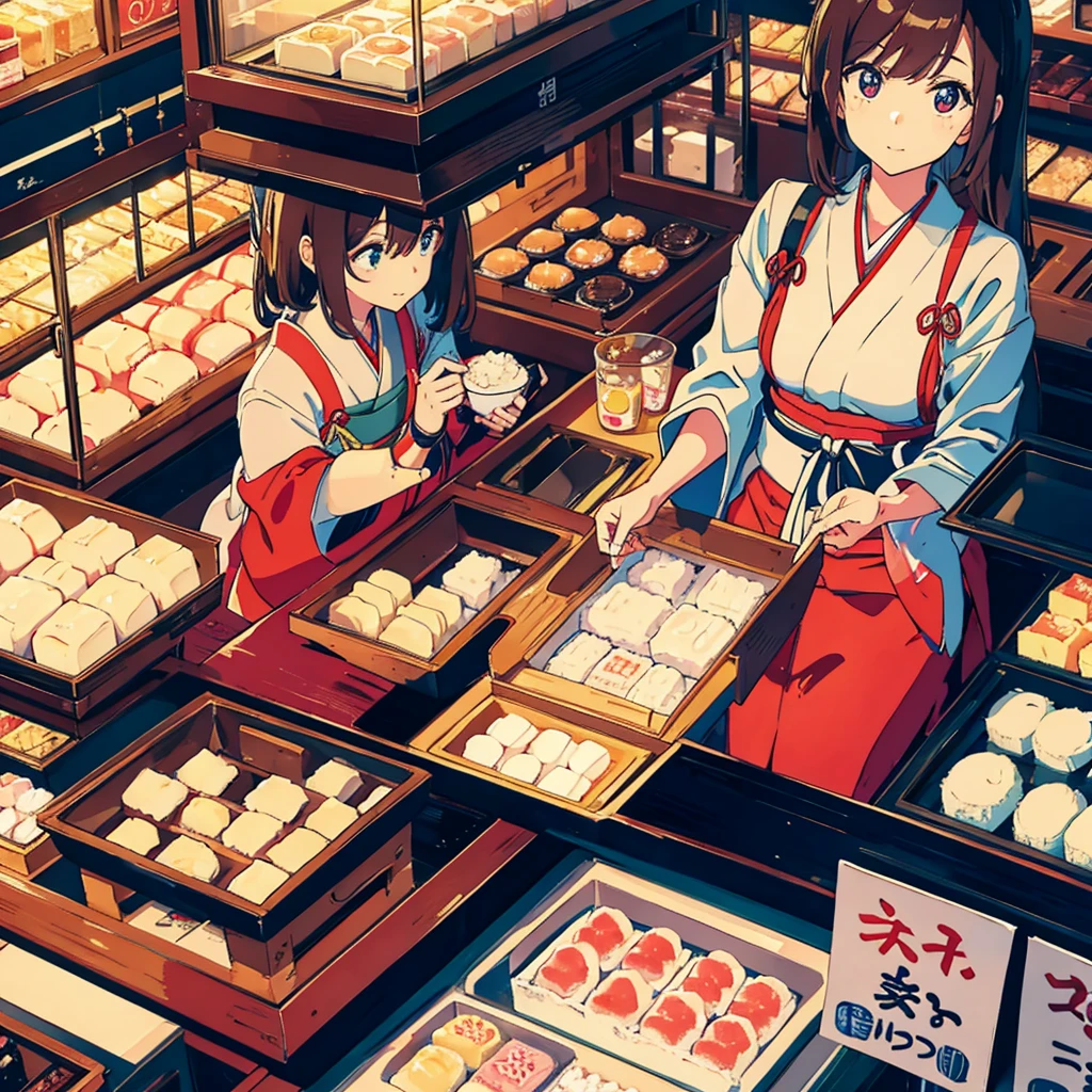 The trading counter is a close-up, Japanese mochi cakes are on the counter.